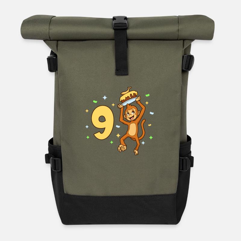 Mit Affe - Kinder Geburtstag 9 Jahre - Rolltop Rucksack - Olive/Schwarz
