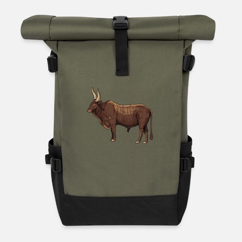 Zeichnung eines Ankole Rind - Rolltop Rucksack - Olive/Schwarz
