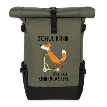 Schulkind und winke Kindergarten - Einschulung - Rolltop Rucksack - Olive/Schwarz - Vorne