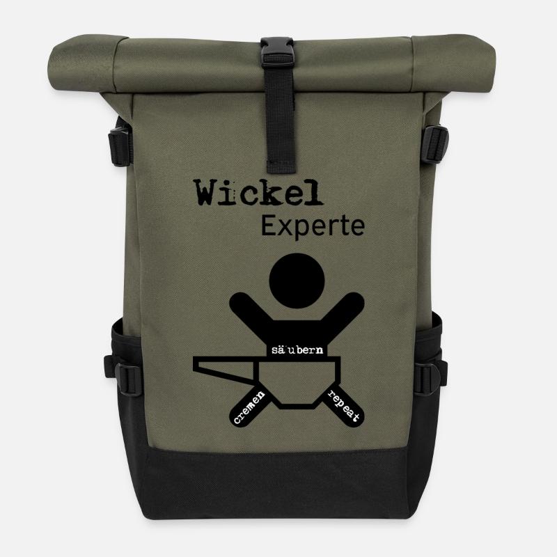 Wickel Experte - Baby - Geburt - Eltern - Rolltop Rucksack - Olive/Schwarz
