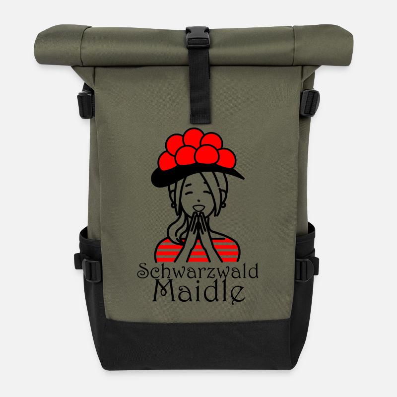 Lustiges Schwarzwald Maidle Bollenhut Design - Rolltop Rucksack - Olive/Schwarz