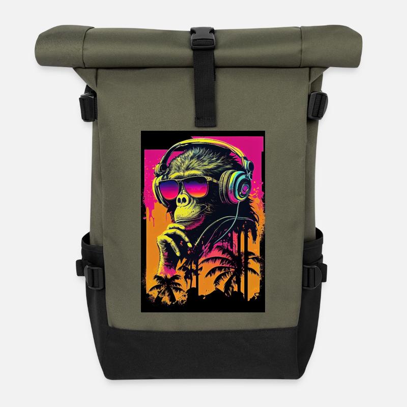 Synthwave Retro Affe mit Sonnenbrille und Musik - Rolltop Rucksack - Olive/Schwarz