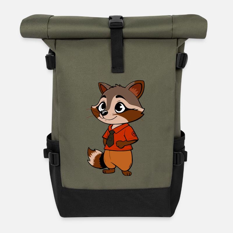 Adventurous Raccoon in Business Attire - Roll Top Backpack - olive/black