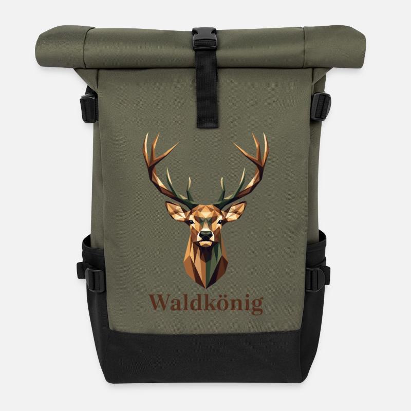 Geometric Stag with Waldkönig Label - Roll Top Backpack - olive/black