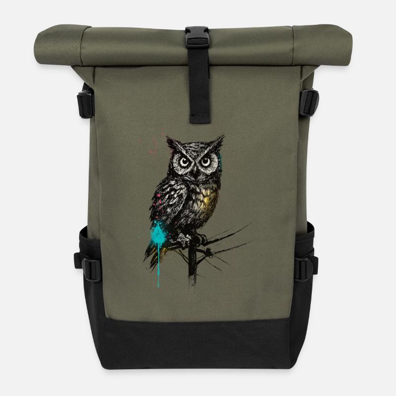 NachtEule mit Farbspritzern - Rolltop Rucksack - Olive/Schwarz