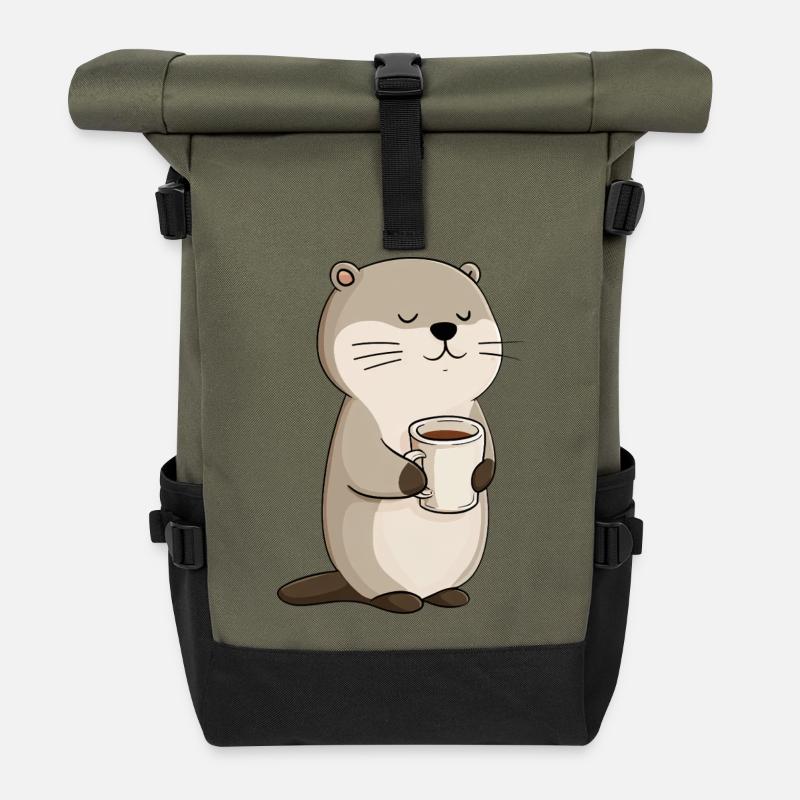 Cozy Otter Coffee Moment - Roll Top Backpack - olive/black