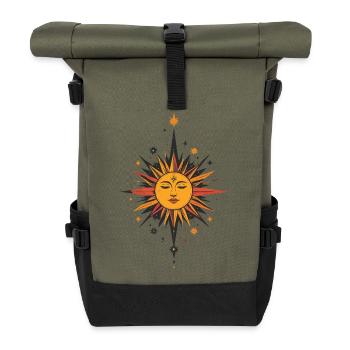 Sonnenstern Talisman Muster Sonne Mond Sterne - Rolltop Rucksack - Olive/Schwarz - Vorne