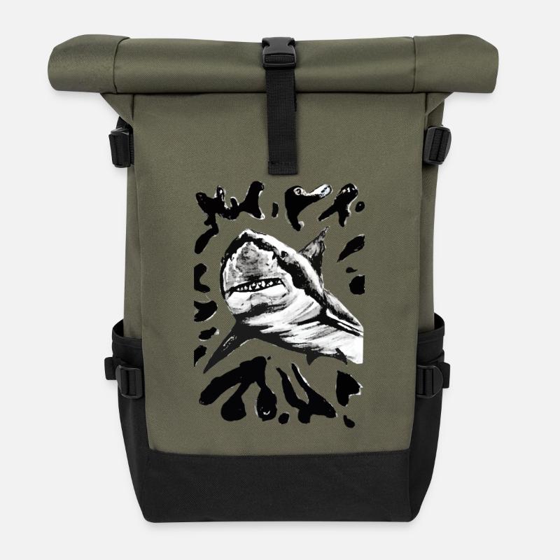 Black and White Shark Sketch Ink Art - Roll Top Backpack - olive/black