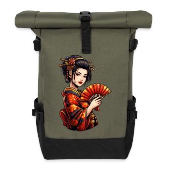 Geisha in red kimono with fan - Roll Top Backpack - olive/black - Front