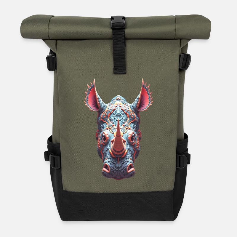 Ornate Rhino Portrait - Psychedelic Spirit Mask - Roll Top Backpack - olive/black