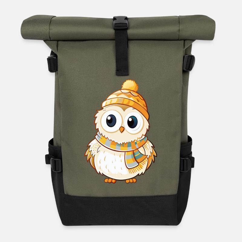 Chouette mignonne avec écharpe et chapeau à pompon. - Sac à dos roll top - olive/noir