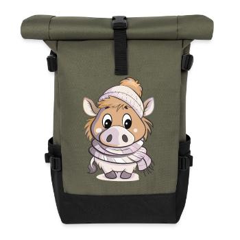 Cute wild boar with scarf and bobble hat. - Roll Top Backpack - olive/black - Front