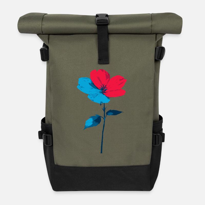 Blau rote Blume - Rolltop Rucksack - Olive/Schwarz