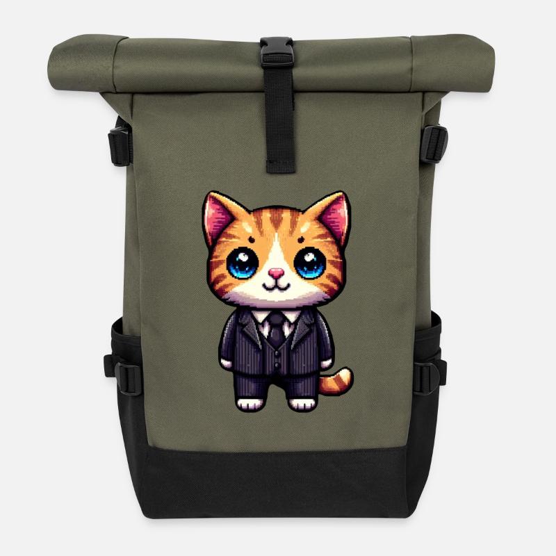 Chat Pixel Art - Sac à dos roll top - olive/noir