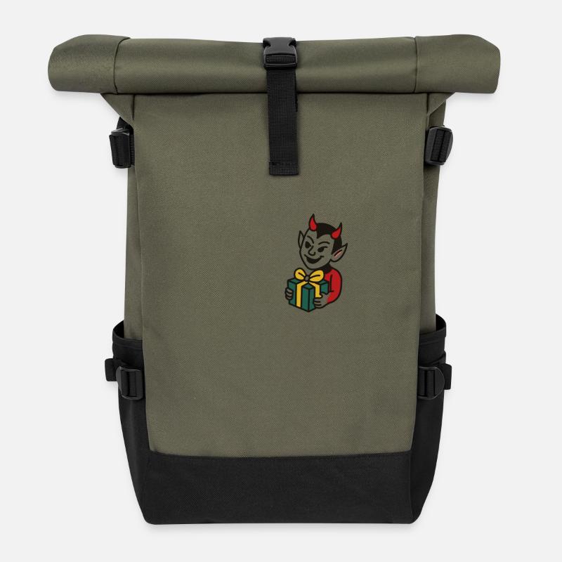 Naughty Devil with Gift Cartoon Motif - Roll Top Backpack - olive/black