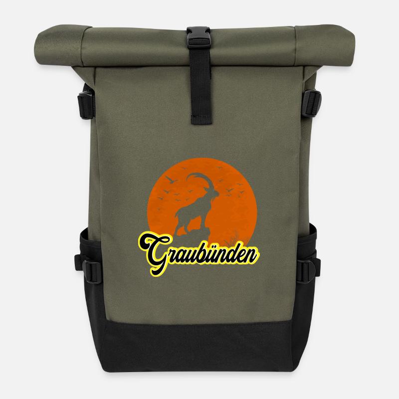 Graubünden Ibex Mondsilhouette - Rolltop Rucksack - Olive/Schwarz