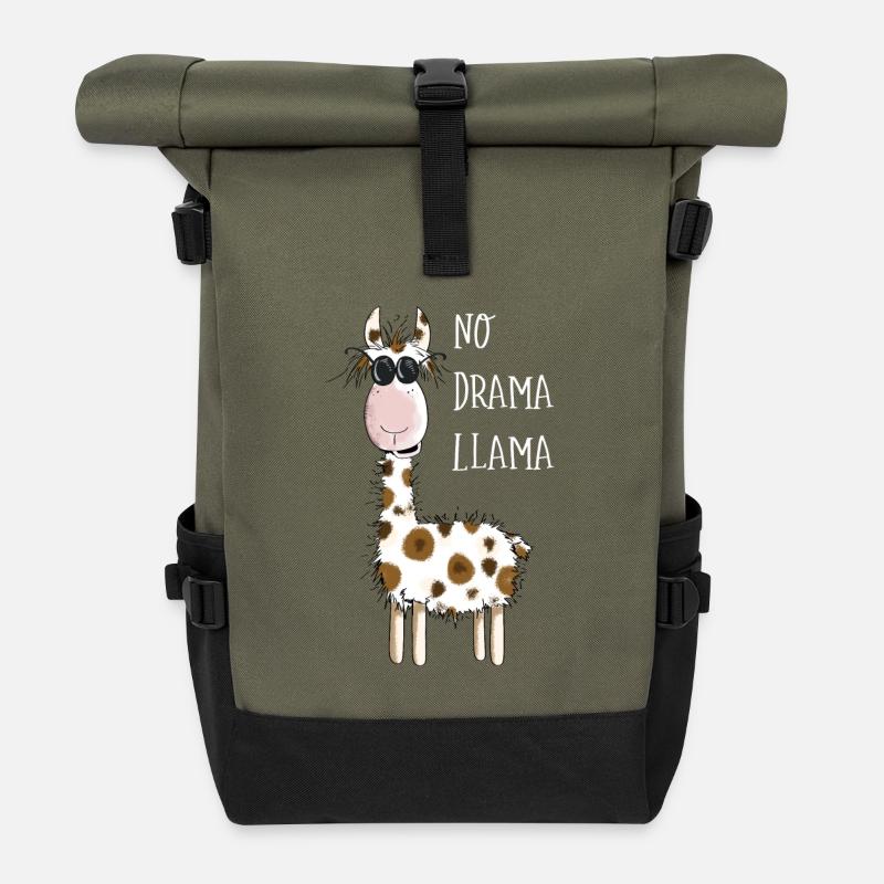 No Drama Llama - Lama Mit Sonnenbrille - Fun Comic - Rolltop Rucksack - Olive/Schwarz