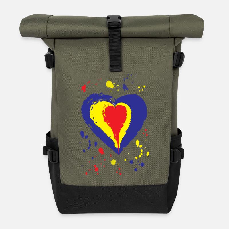 Romanian flag colors - heart shaped - Roll Top Backpack - olive/black