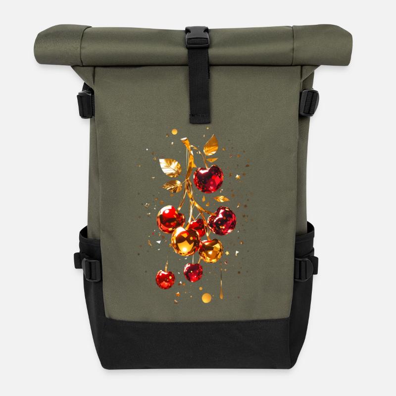 Kirschen mit Gold - Rolltop Rucksack - Olive/Schwarz