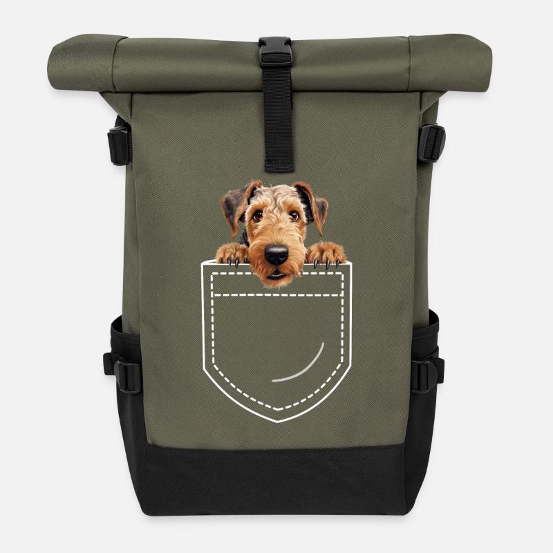 Dog Airdale Terrier - Roll Top Backpack - olive/black