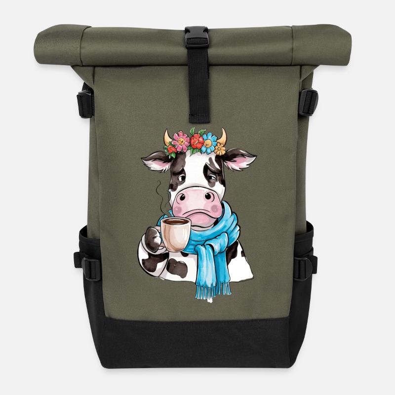 Vache café - Sac à dos roll top - olive/noir