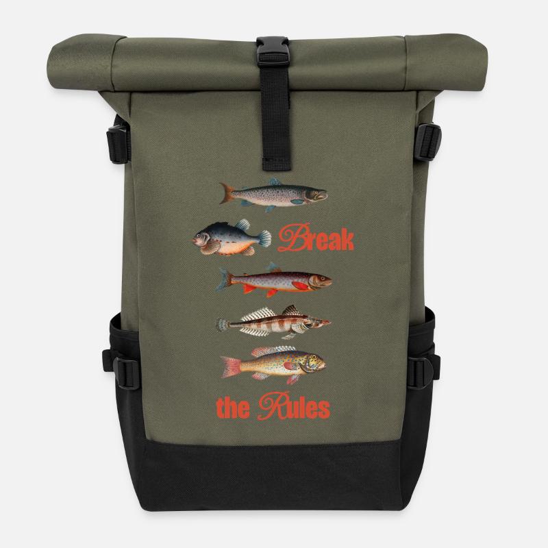 Break the Rules – Retro Fish Art - Rolltop Rucksack - Olive/Schwarz