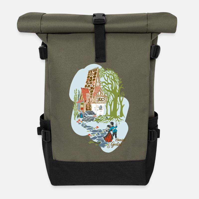 Hansel and Gretel in front of the witch's house - Roll Top Backpack - olive/black