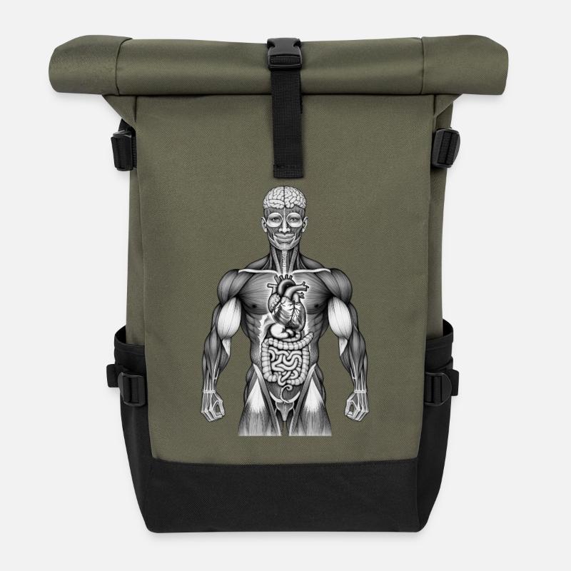 HAPPY ANATOMY - black & white - Roll Top Backpack - olive/black