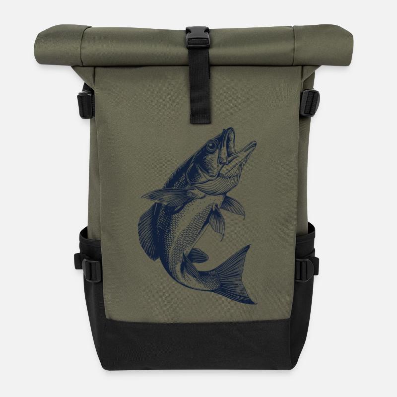 Jumping Perch | Vintage Angler Motif - Roll Top Backpack - olive/black
