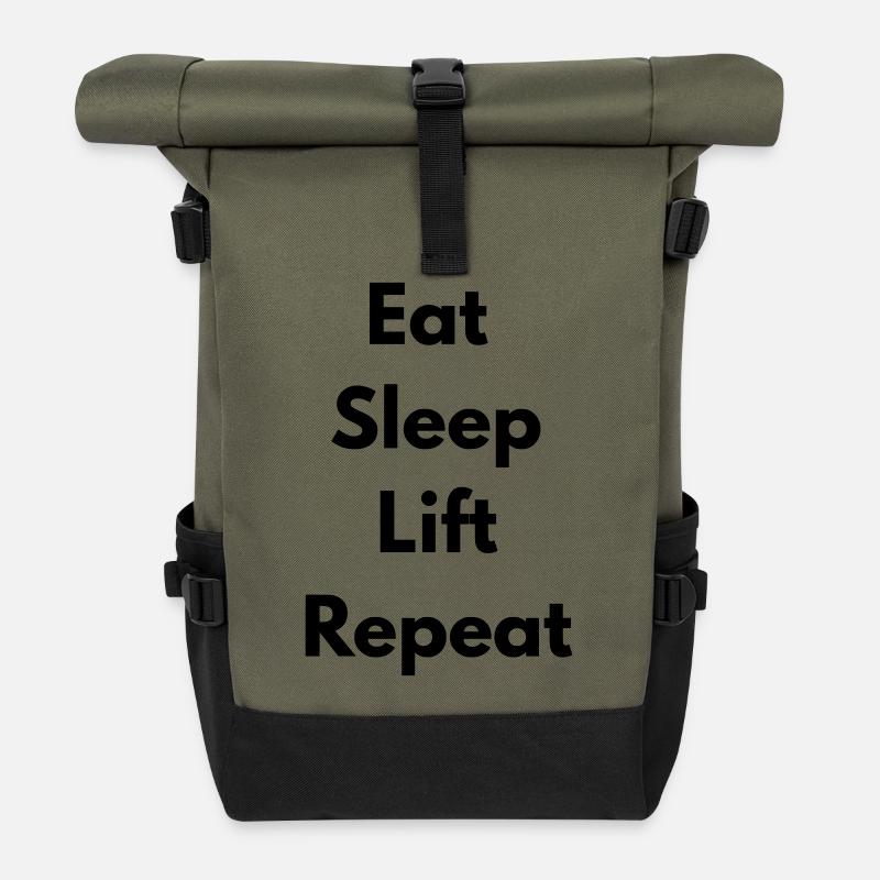 Essen, schlafen, heben, wiederholen - Rolltop Rucksack - Olive/Schwarz