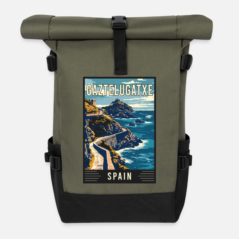 Explore Enchantment of Gaztelugatxe in Spain - Roll Top Backpack - olive/black