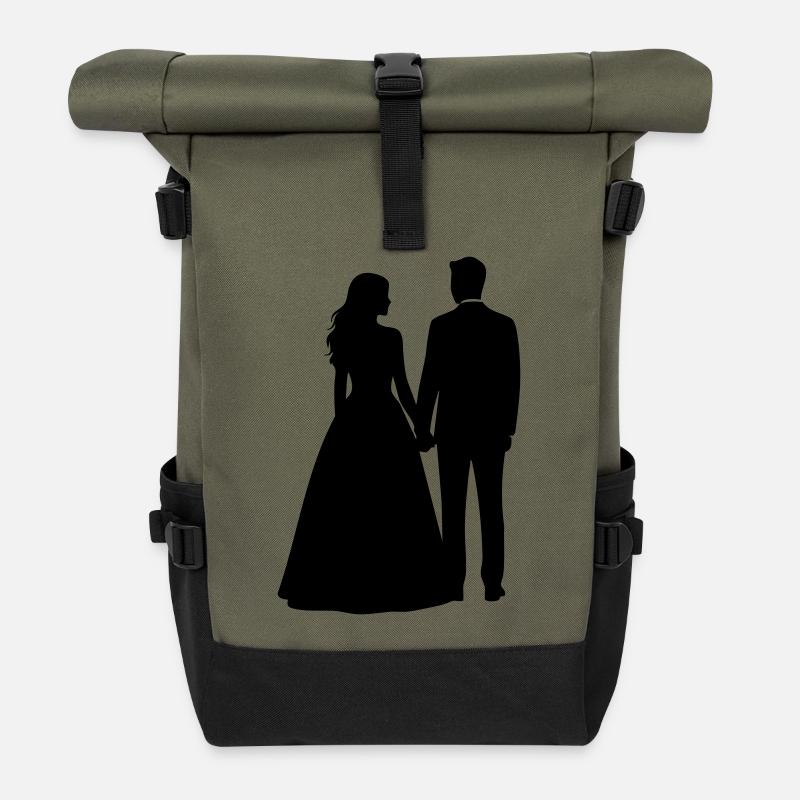 Wedding Couple Silhouette – Black & White Design - Roll Top Backpack - olive/black
