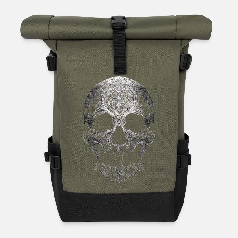 Line Art Skull Floral - Roll Top Backpack - olive/black