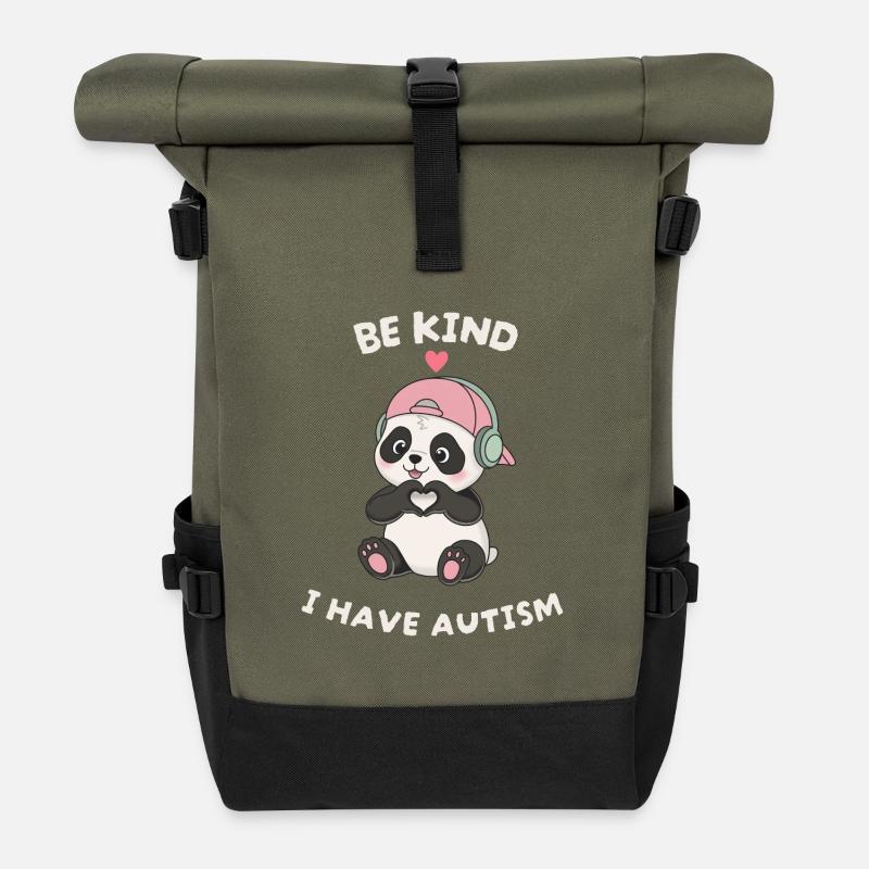 Sei freundlich, ich gärtnere Autismus-Panda - Rolltop Rucksack - Olive/Schwarz