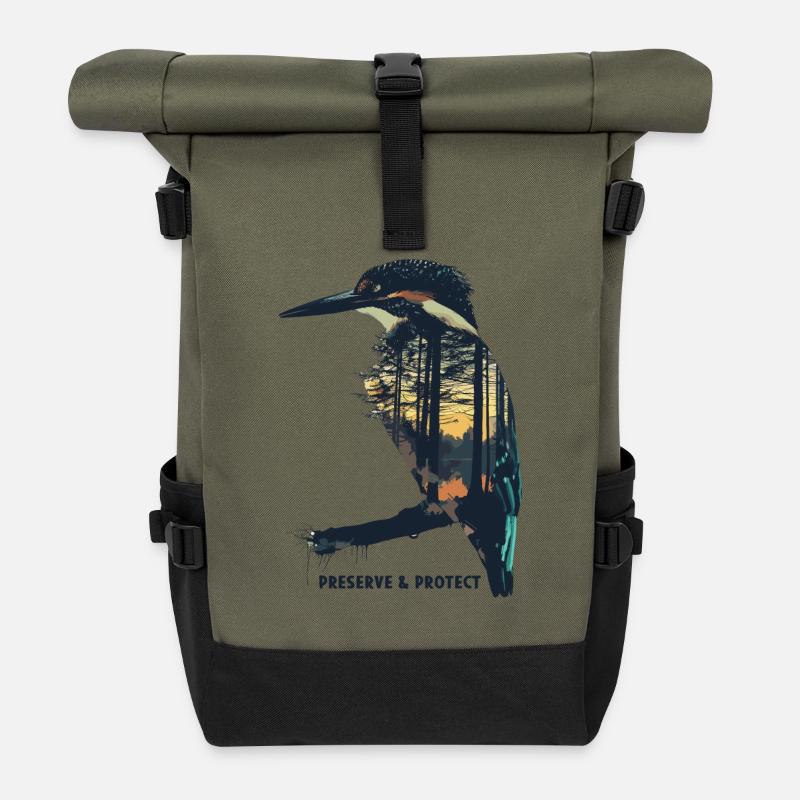 Preserve & Protect Eisvogel Vogel - Rolltop Rucksack - Olive/Schwarz