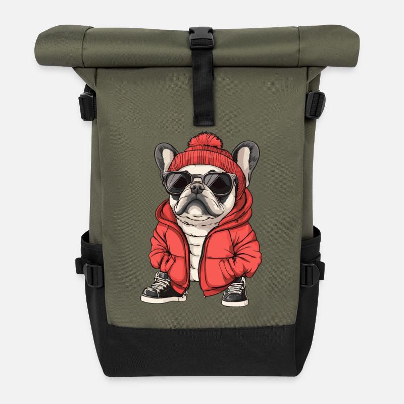 Fransk Buldog, Hund, Vinter - Rulltoppsryggsäck - oliv/svart