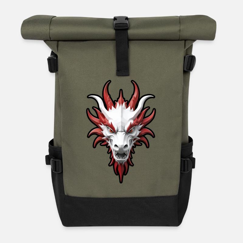 Tête de dragon rouge et blanc - Sac à dos roll top - olive/noir