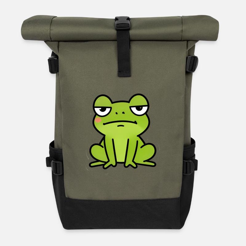 Sleepy Green Frog Cartoon - Roll Top Backpack - olive/black