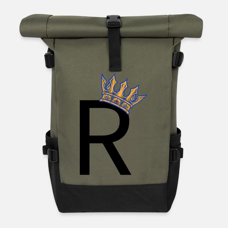 R mit Krone – Royal Typo Design - Rolltop Rucksack - Olive/Schwarz