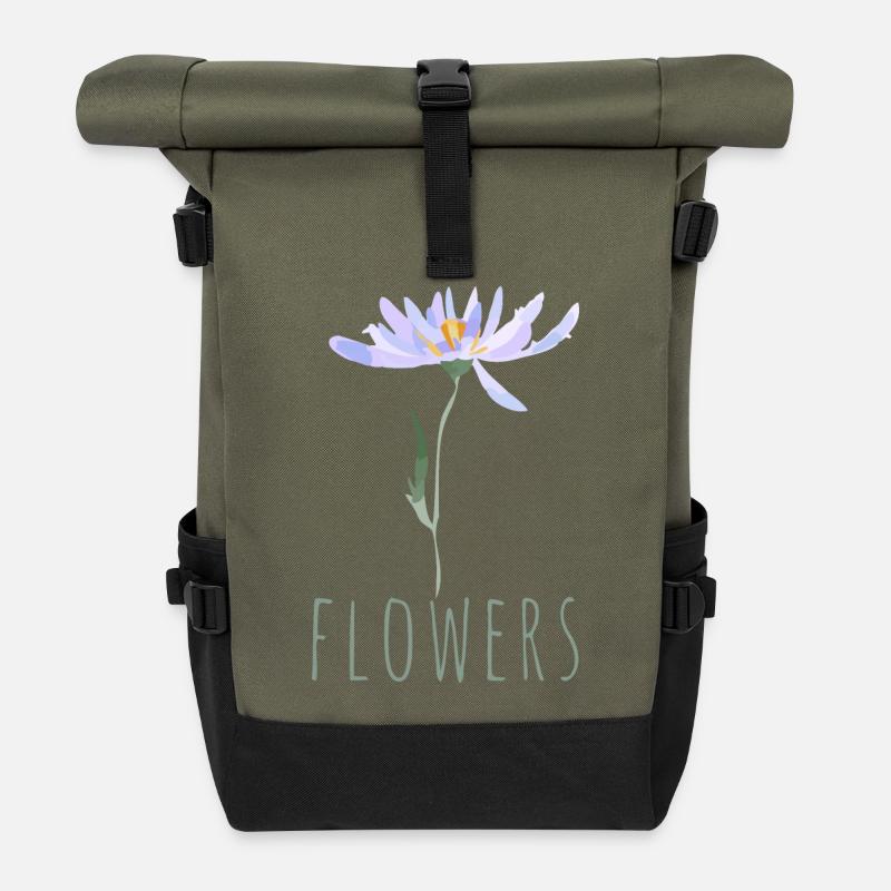 Minimalist Blue Wildflowers Illustration - Roll Top Backpack - olive/black
