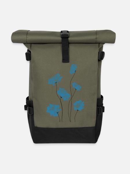 Blaue Blumen - Rolltop Rucksack - Olive/Schwarz