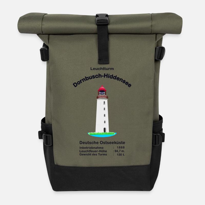 Leuchtturm Dornbusch- Hiddensee, Zeichnung - Rolltop Rucksack - Olive/Schwarz