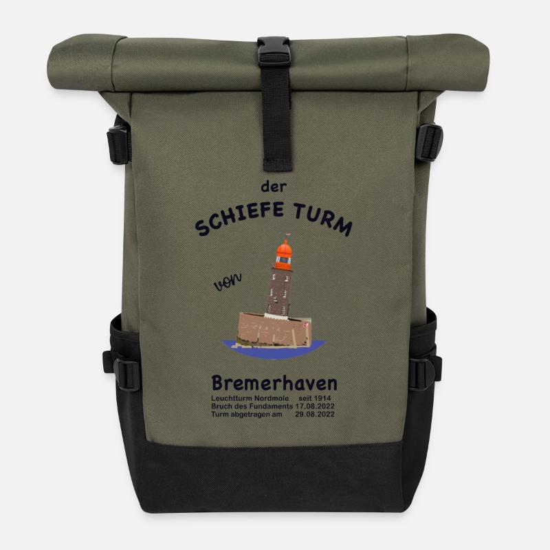 Der schiefe Turm Bremerhaven, Leuchtturm Zeichnung - Rolltop Rucksack - Olive/Schwarz