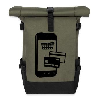 Phone with shopping cart and Credit card - Roll Top Backpack - olive/black - Front