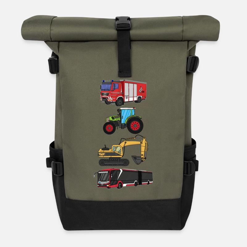 Feuerwehr, Bus, Traktor, Bagger - Rolltop Rucksack - Olive/Schwarz