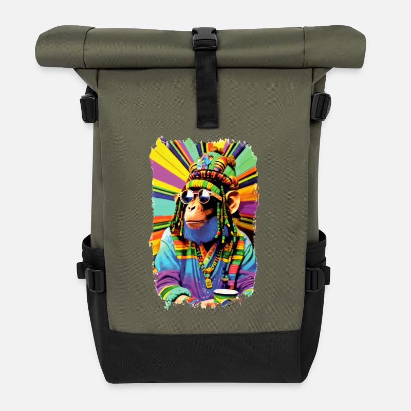Colorful Reggae Afro Rasta Cartoon Monkey - Roll Top Backpack - olive/black