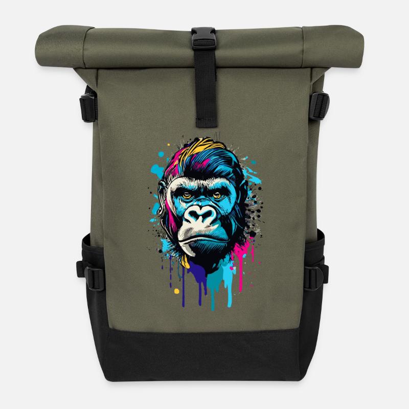Gorilla Farbenfroh - Bunter Gorilla Affe Gorillas - Rolltop Rucksack - Olive/Schwarz