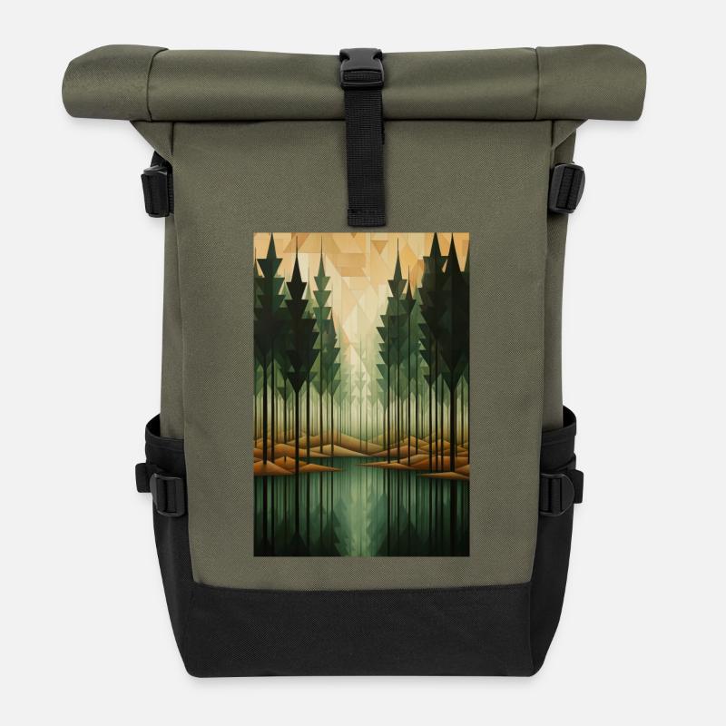 Paysage de Forêt dans un style géométrique - Sac à dos roll top - olive/noir