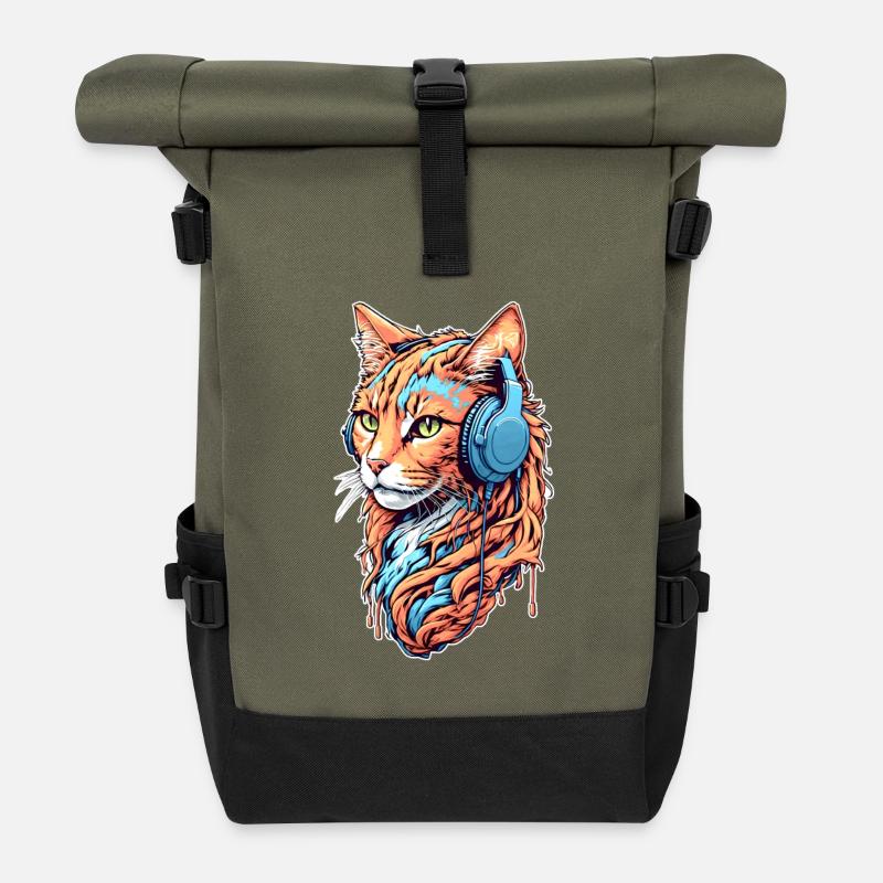 Katze hört Musik - Rolltop Rucksack - Olive/Schwarz