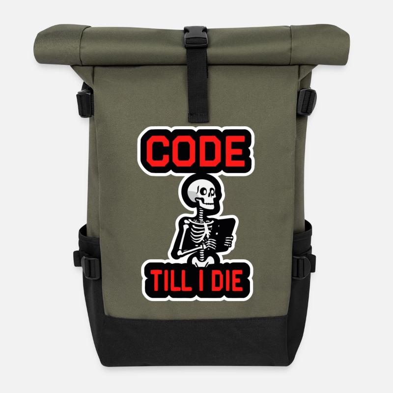 Skelett mit Computer CODE TILL I DIE - Rolltop Rucksack - Olive/Schwarz